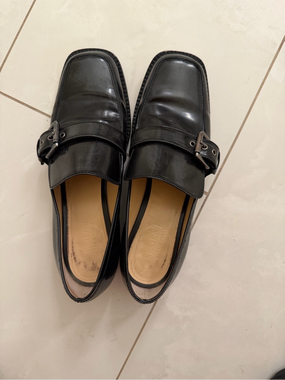 Women’s M.Gemi Scuola 40 Black Patent Leather Slip-On Loafers with Buckle Accent